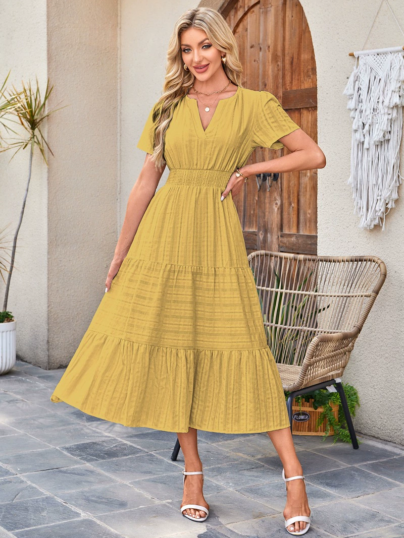 V-Neck Pleated Puff Sleeves Long-Sleeved Dress Ins Street