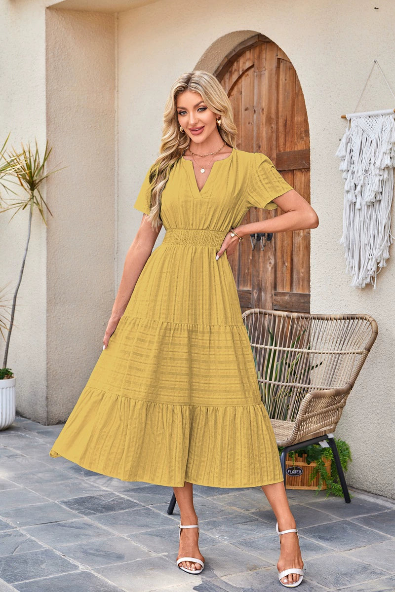 V-Neck Pleated Puff Sleeves Long-Sleeved Dress Ins Street