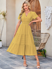 V-Neck Pleated Puff Sleeves Long-Sleeved Dress Ins Street