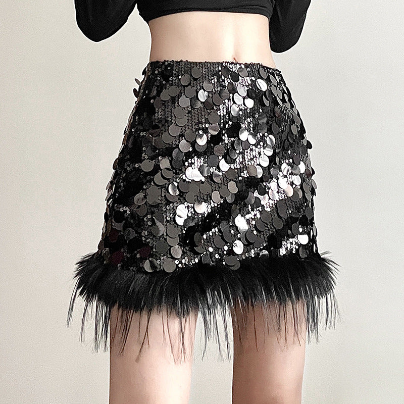 Glitter Women Sequin Feather Tassel Mini Skirt InsStreet