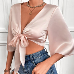 Angel Dust Bell Sleeve Tie Front Crop Top - Tomato Red TYCH-001