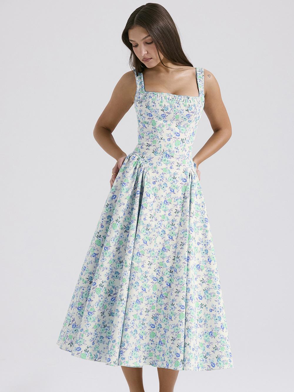 Vintage Women  Sleeveless Deep V-neck Ruched Backless Floral Print Summer Beach Female Vestidos InsStreet