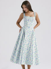 Vintage Women  Sleeveless Deep V-neck Ruched Backless Floral Print Summer Beach Female Vestidos InsStreet