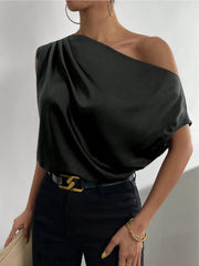 Janay Satin One Shoulder Drape Blouse - Black Ins Street