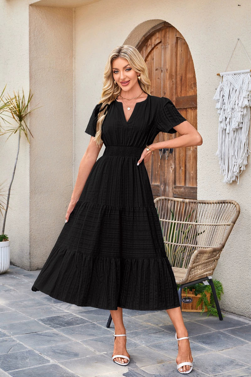 V-Neck Pleated Puff Sleeves Long-Sleeved Dress Ins Street