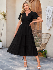 V-Neck Pleated Puff Sleeves Long-Sleeved Dress Ins Street