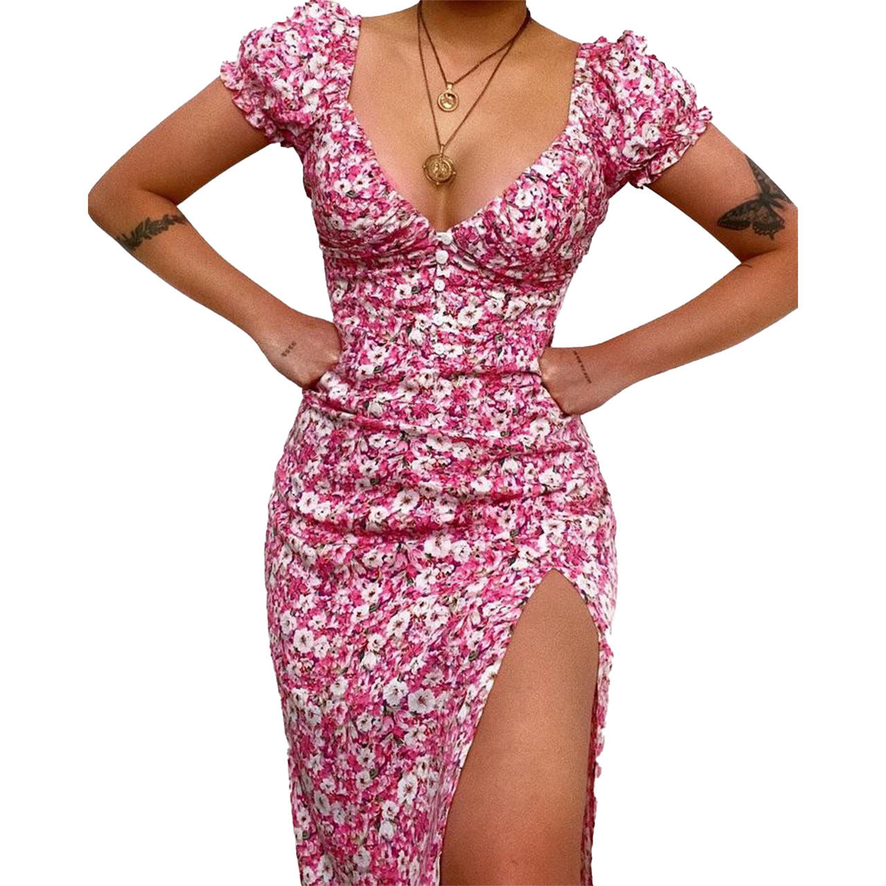 Deep V-Neck Short Sleeve Printed Mini Dress ins