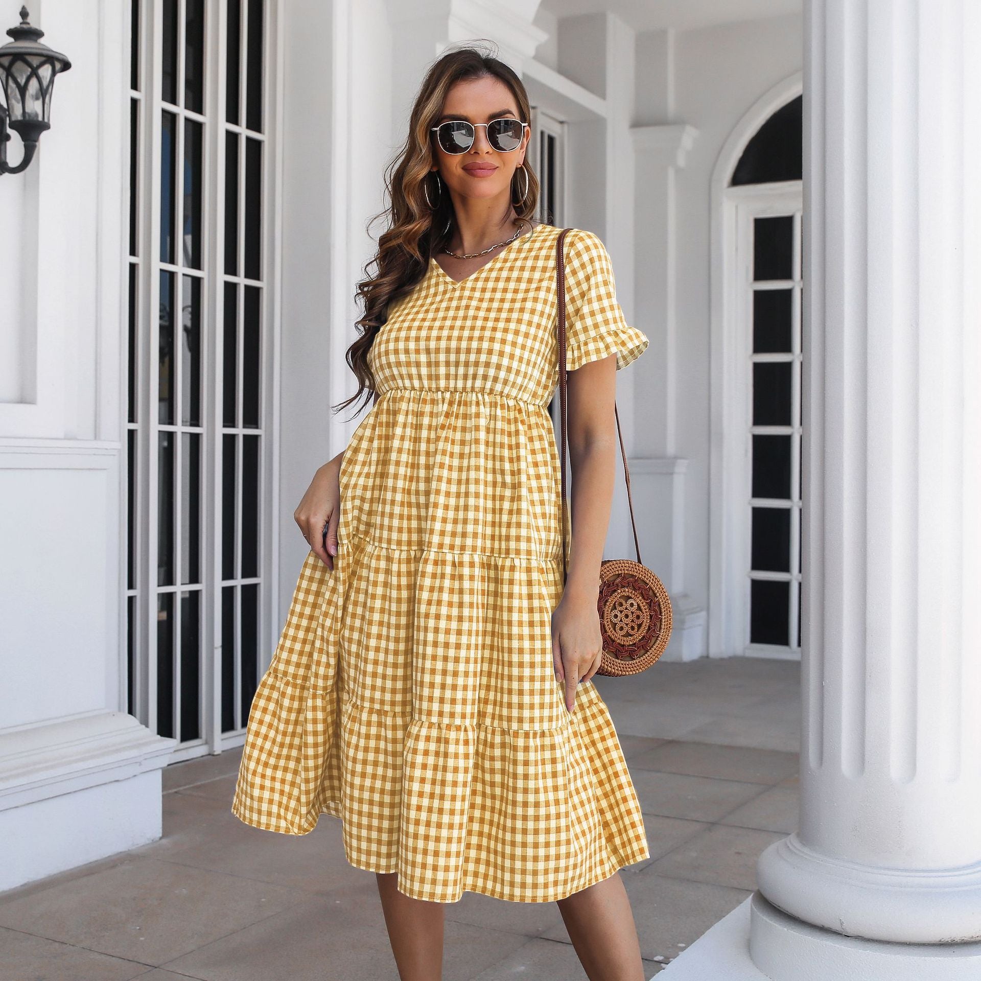 Bonny Pocketed Gingham Tie Front Babydoll Dress - Yellow InsStreet