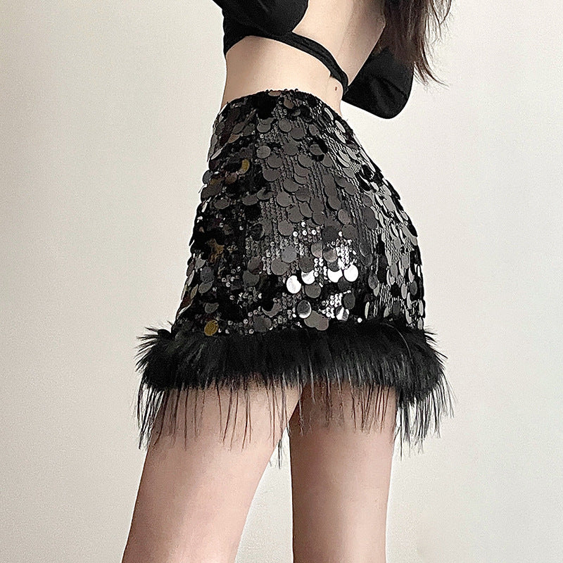 Glitter Women Sequin Feather Tassel Mini Skirt InsStreet