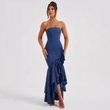 Rosemont Cotton Linen Strapless High Low Maxi Dress - Blue Ins Street