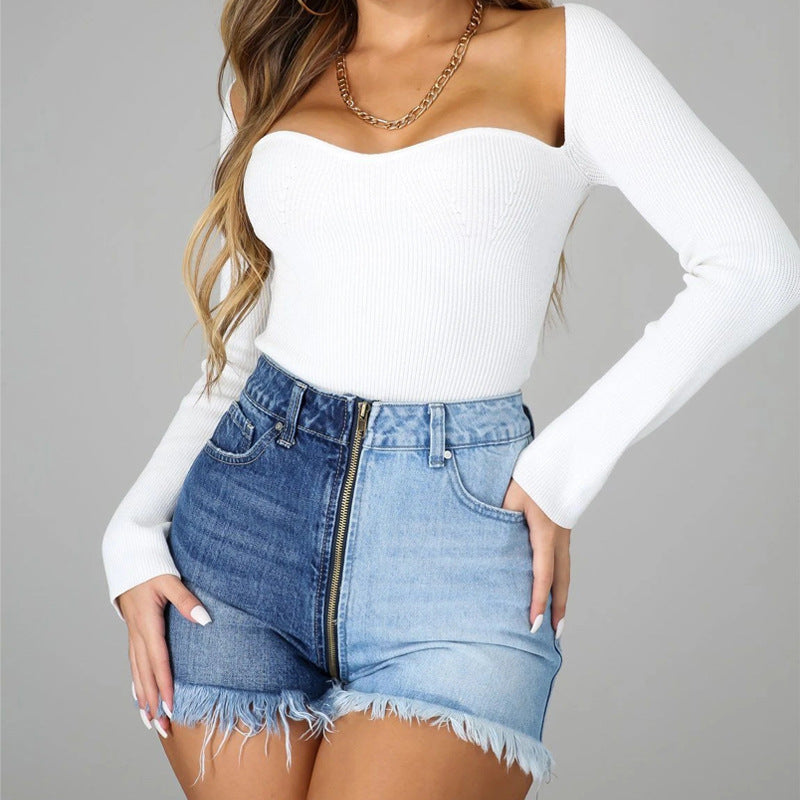 Here I Come Two Tone Denim Shorts - Light Blue Wash Ins Street