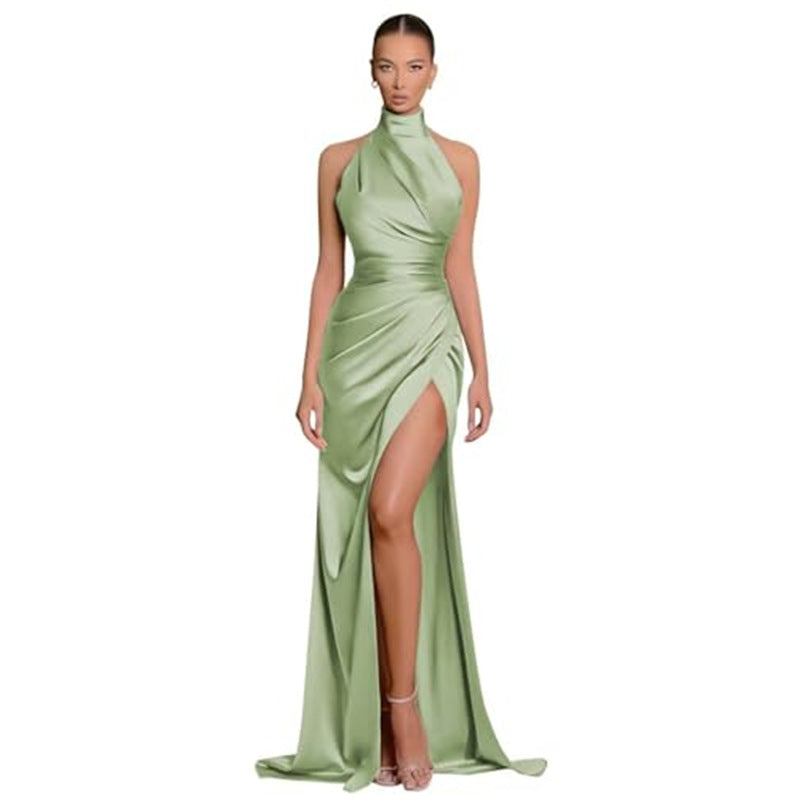Havyn Satin Asymmetrical Halter Midi Dress - Green Ins Street