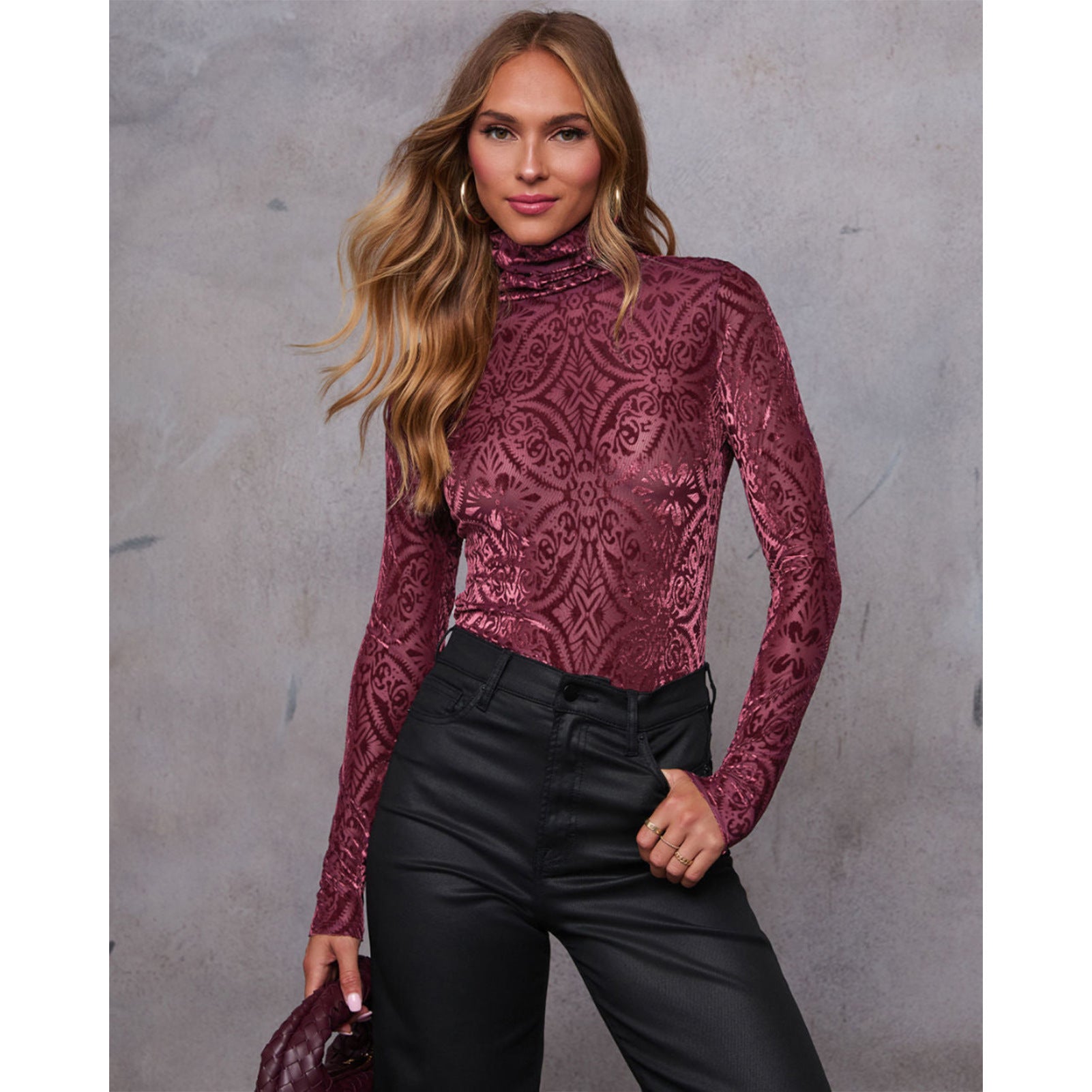 Tessy Velvet Burnout Turtleneck Top FATE-001