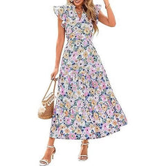 V-Neck Pleated Flying Sleeves Printed Midi Dress Ins street