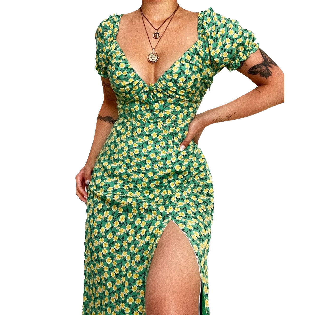 Deep V-Neck Short Sleeve Printed Mini Dress ins