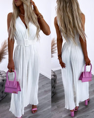 High Tea Pleated Wide Leg Belted Jumpsuit - Sage Ins Street