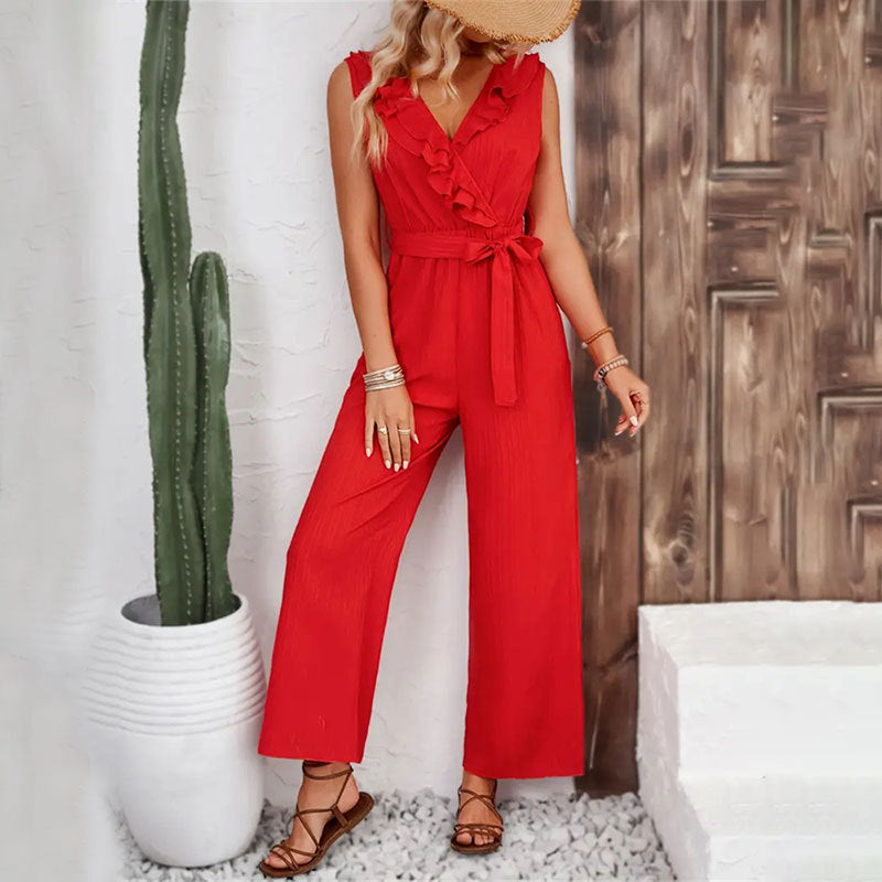 The Essential Pocketed Tie Jumpsuit - Red SUGA-001