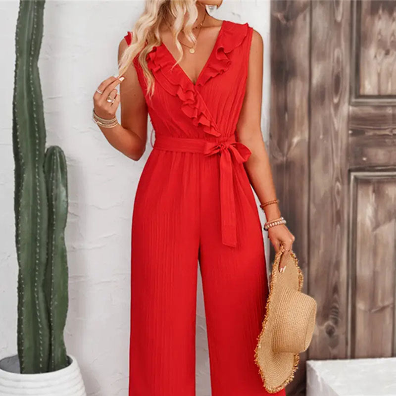 The Essential Pocketed Tie Jumpsuit - Red SUGA-001