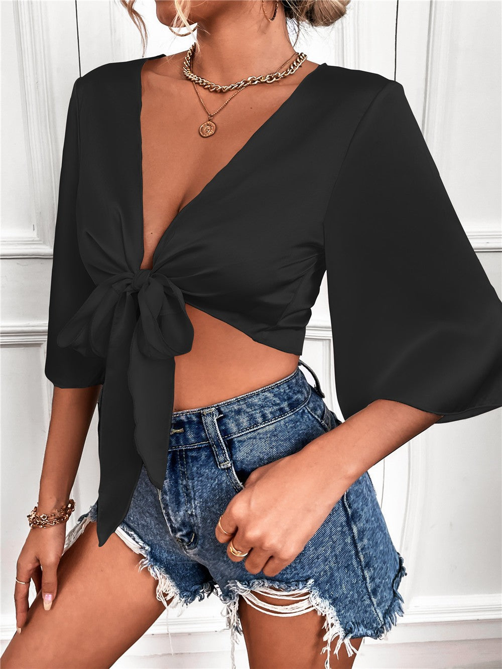 Angel Dust Bell Sleeve Tie Front Crop Top - Tomato Red TYCH-001