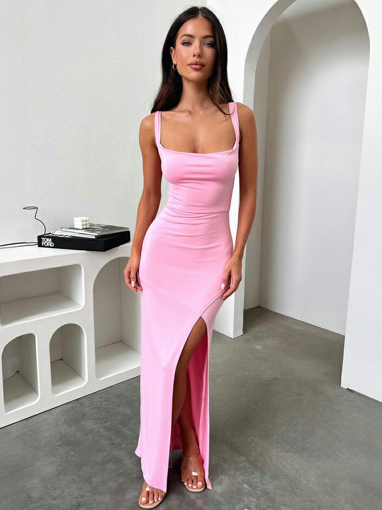 Sleeveless Square-Neck Slit Dress Ins Street