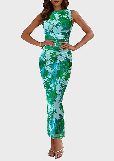 Round Neck Pleated Floral Bodycon Sleeveless Mesh Dress InsStreet