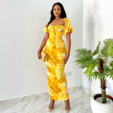 Abbi Cotton Floral Smocked Puff Sleeve Dress - Yellow Multi