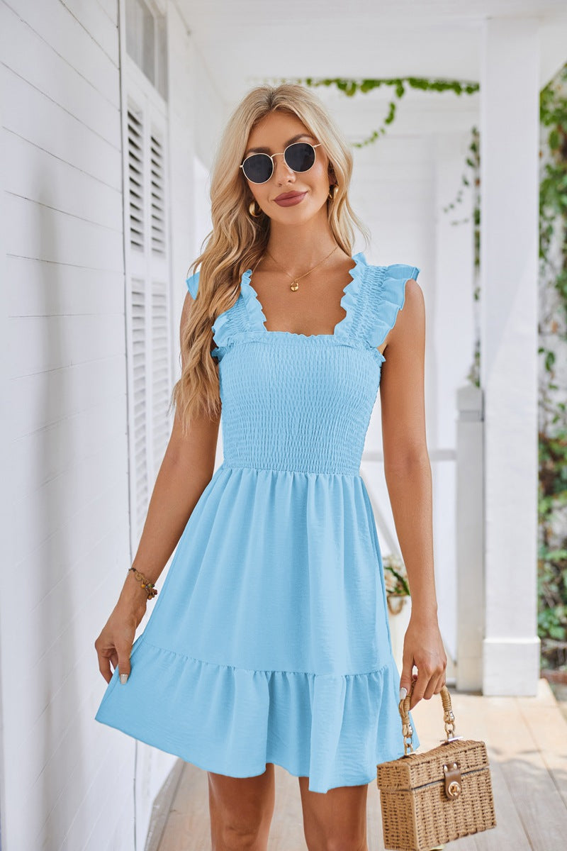 Sleeveless Square Neck Pleated Open Back Short Dress Ins Street