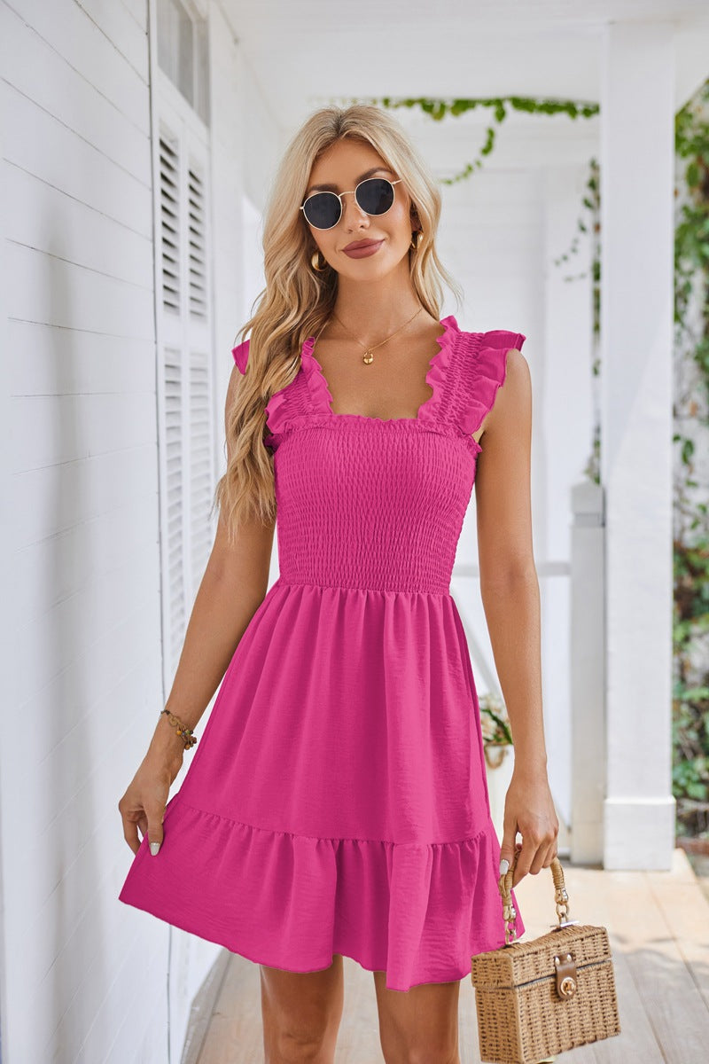 Sleeveless Square Neck Pleated Open Back Short Dress Ins Street