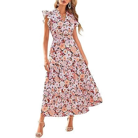 V-Neck Pleated Flying Sleeves Printed Midi Dress Ins street