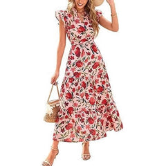 V-Neck Pleated Flying Sleeves Printed Midi Dress Ins street