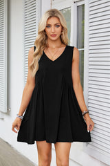 V-Neck Sleeveless Pleated Vest Pocket Dress Ins Street