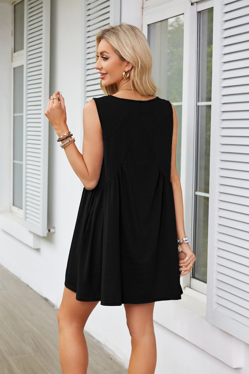 V-Neck Sleeveless Pleated Vest Pocket Dress Ins Street