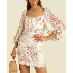 Emberly Linen Floral Puff Sleeve Mini Dress - Ivory Multi Ins Street