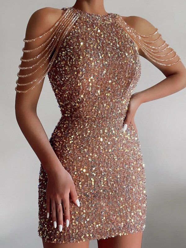 Off Shoulder Gold Sequin Short Party Bodycon Dress InsStreet