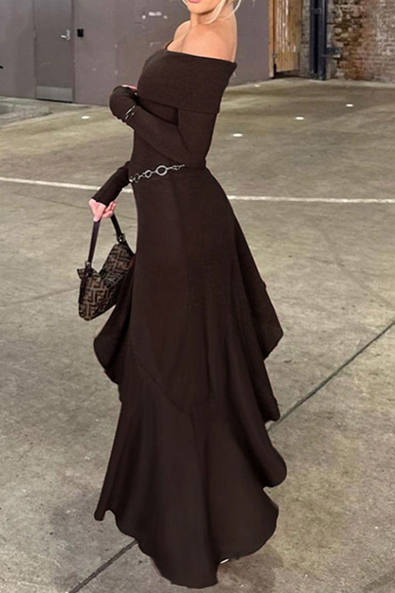 Off Shoulder Ruffle Hem Knit Dress InsStreet