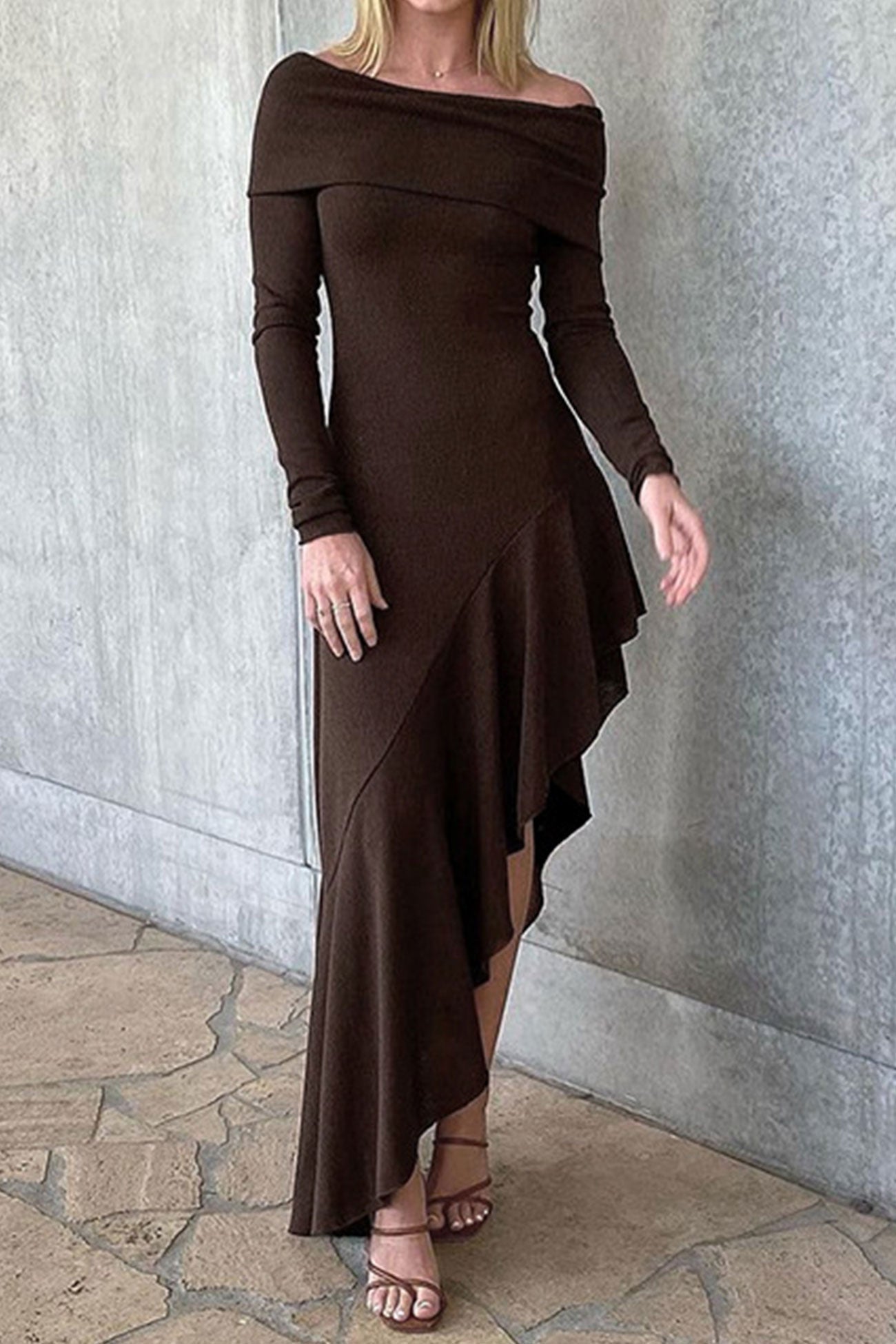 Off Shoulder Ruffle Hem Knit Dress InsStreet