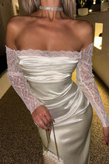 Off Shoulder Lace Sleeve Satin Ruched Dress InsStreet