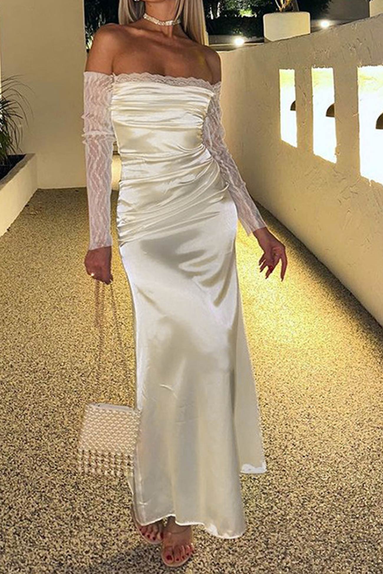 Off Shoulder Lace Sleeve Satin Ruched Dress InsStreet