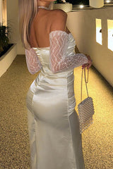 Off Shoulder Lace Sleeve Satin Ruched Dress InsStreet