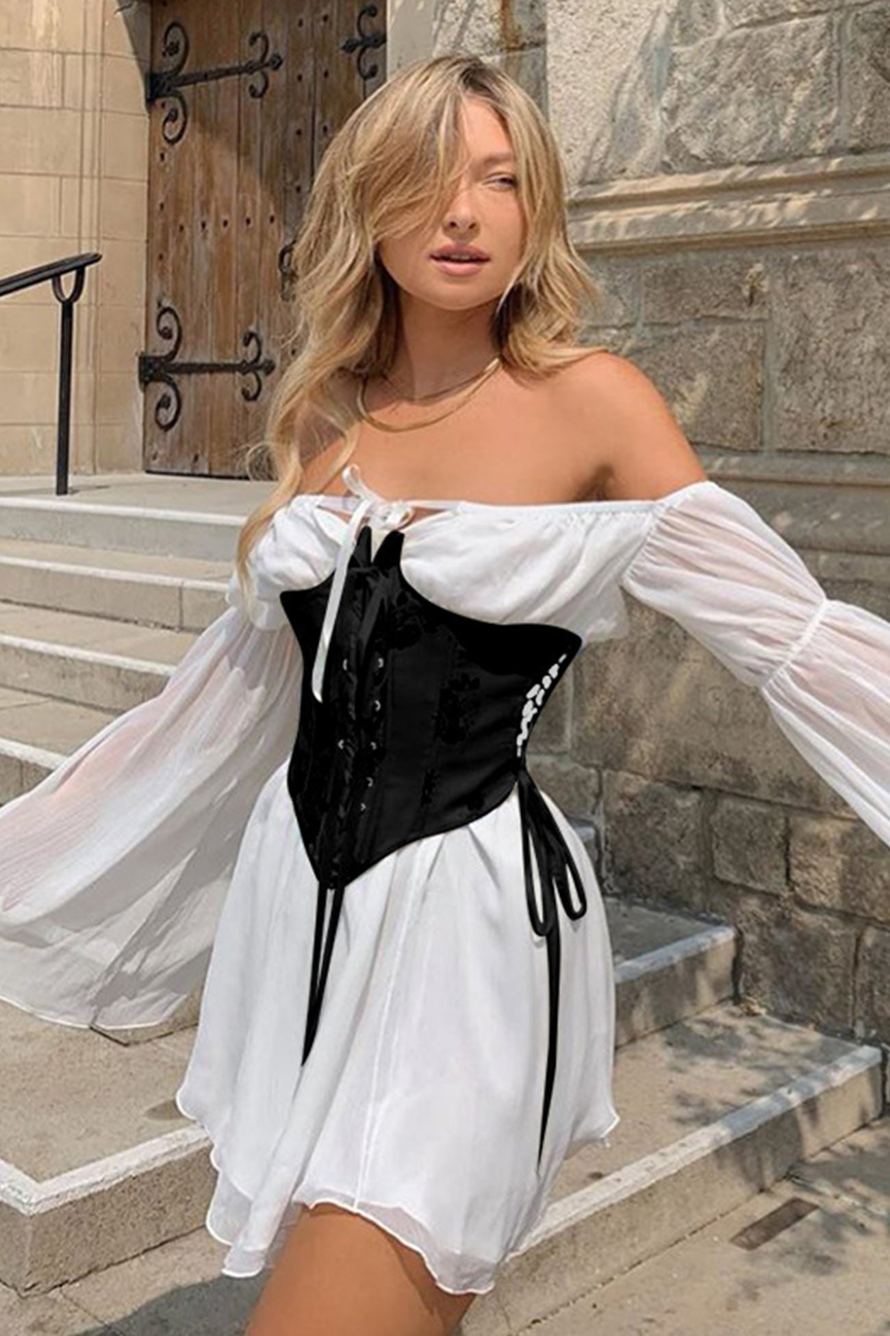 Off Shoulder Lace-up Corset Ruched Dress InsStreet