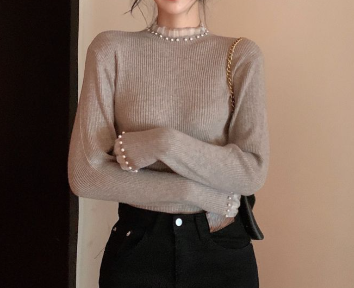 Pearl-Studded Turtleneck Top Ins Street