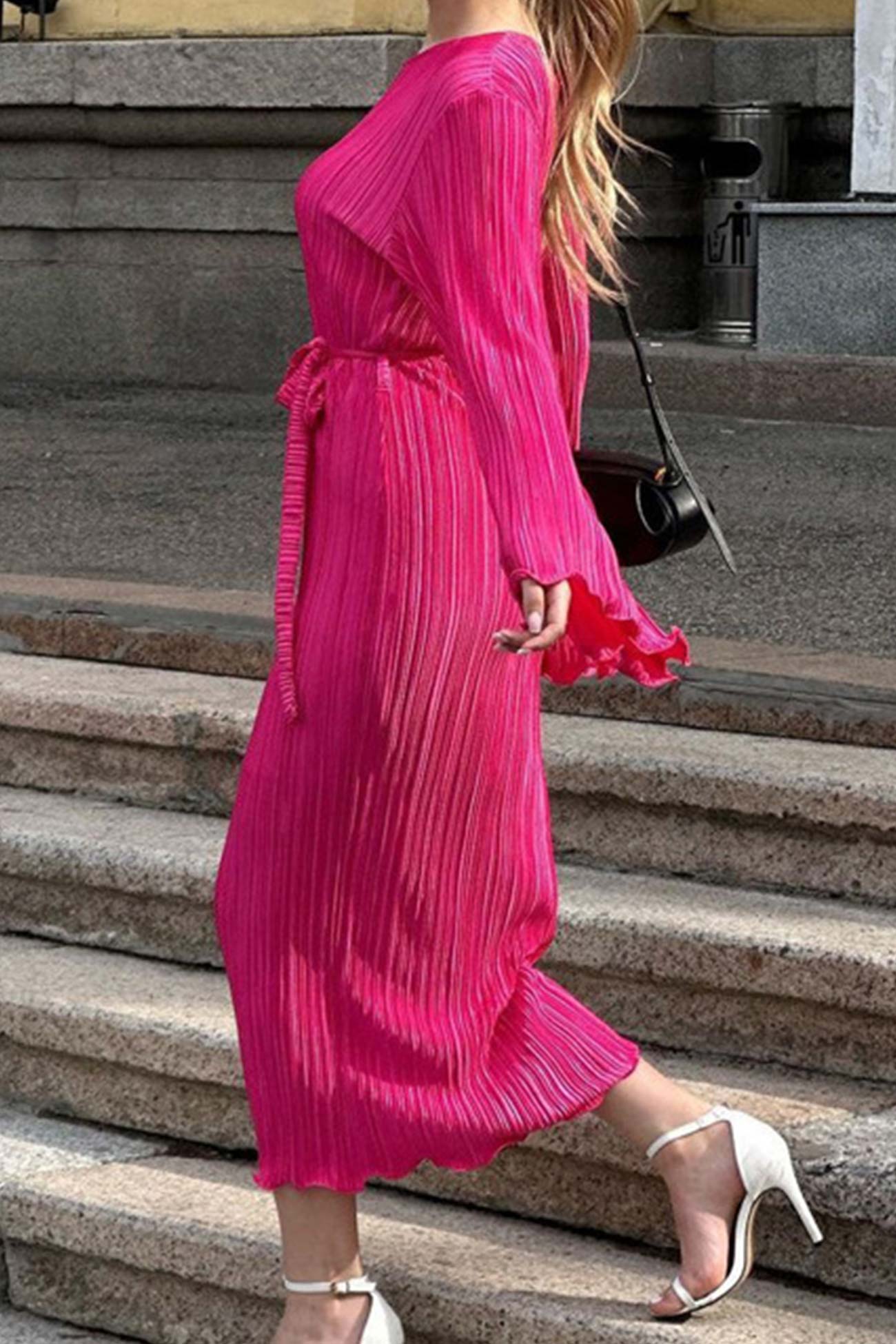 Long Sleeve Pleated Flares Dress with Tie-waist InsStreet