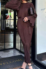 Long Sleeve Pleated Flares Dress with Tie-waist InsStreet