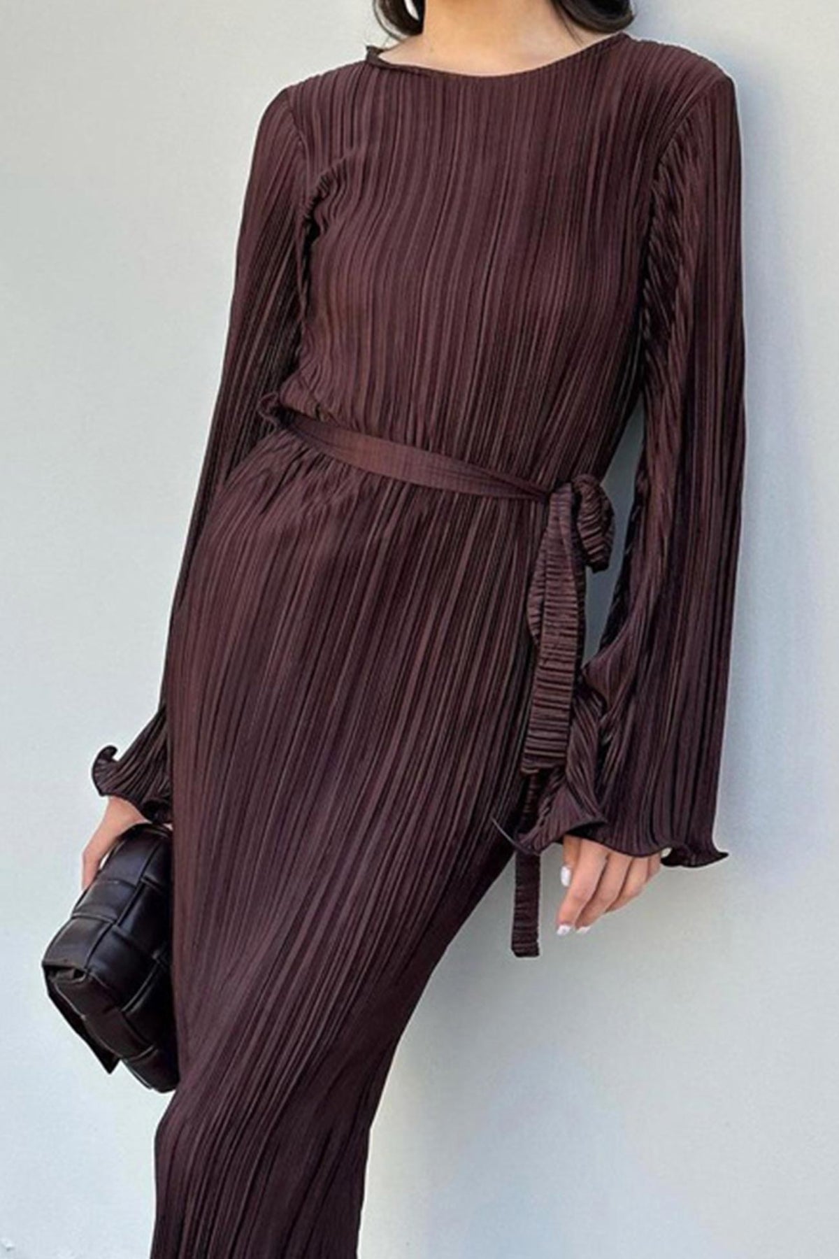 Long Sleeve Pleated Flares Dress with Tie-waist InsStreet