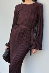 Long Sleeve Pleated Flares Dress with Tie-waist InsStreet