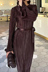 Long Sleeve Pleated Flares Dress with Tie-waist InsStreet