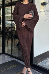 Long Sleeve Pleated Flares Dress with Tie-waist InsStreet