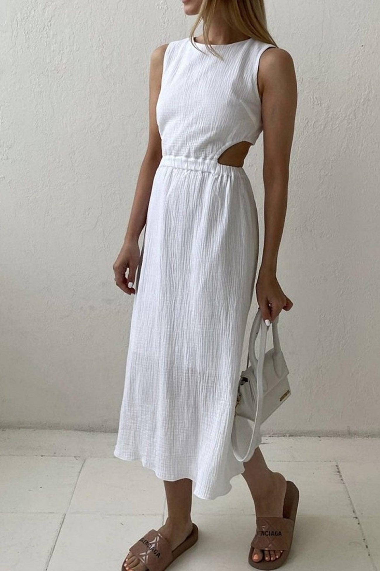 Pleated Tank Dress with Single-breasted Closure and Bare Waist InsStreet