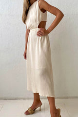 Pleated Tank Dress with Single-breasted Closure and Bare Waist InsStreet