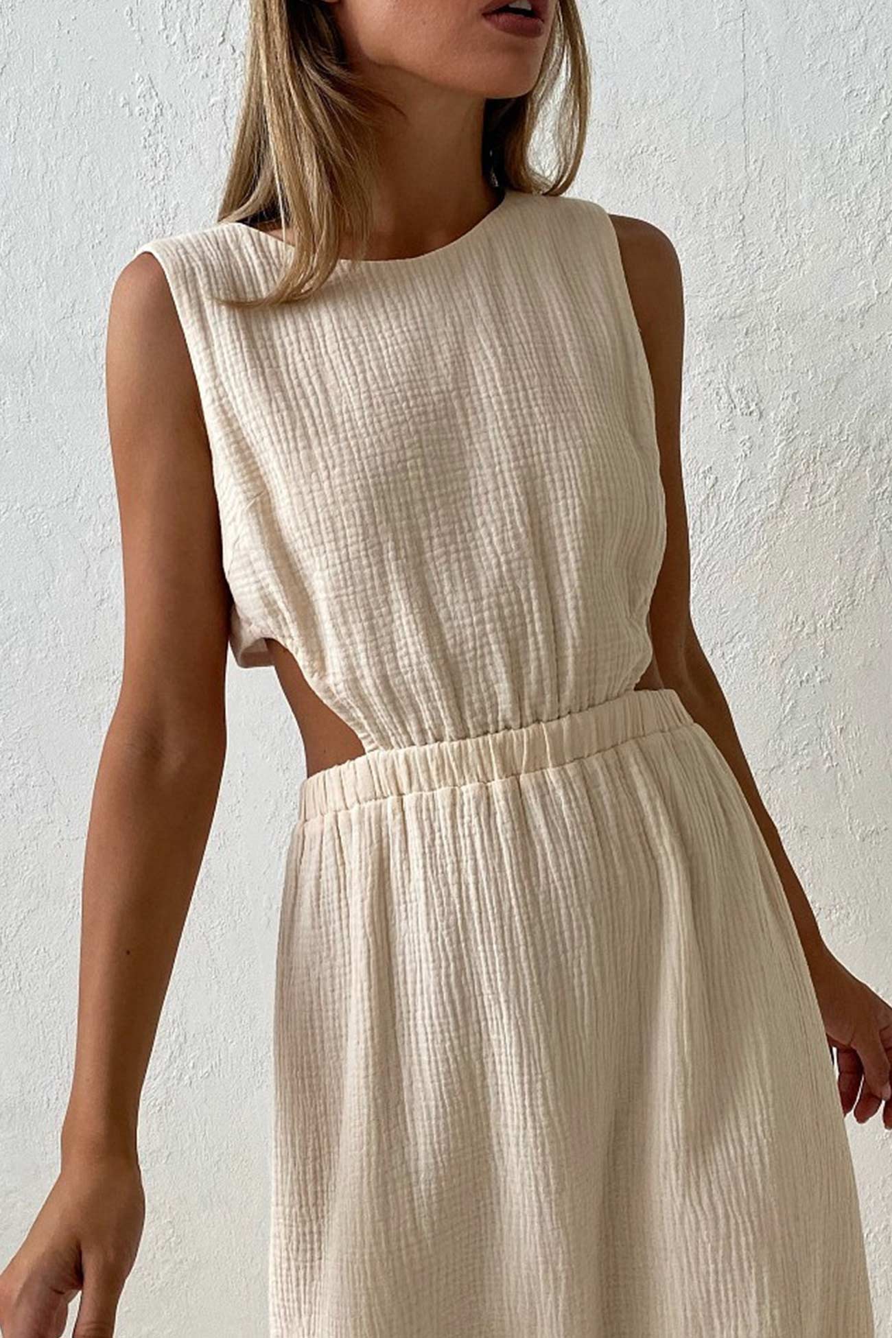 Pleated Tank Dress with Single-breasted Closure and Bare Waist InsStreet